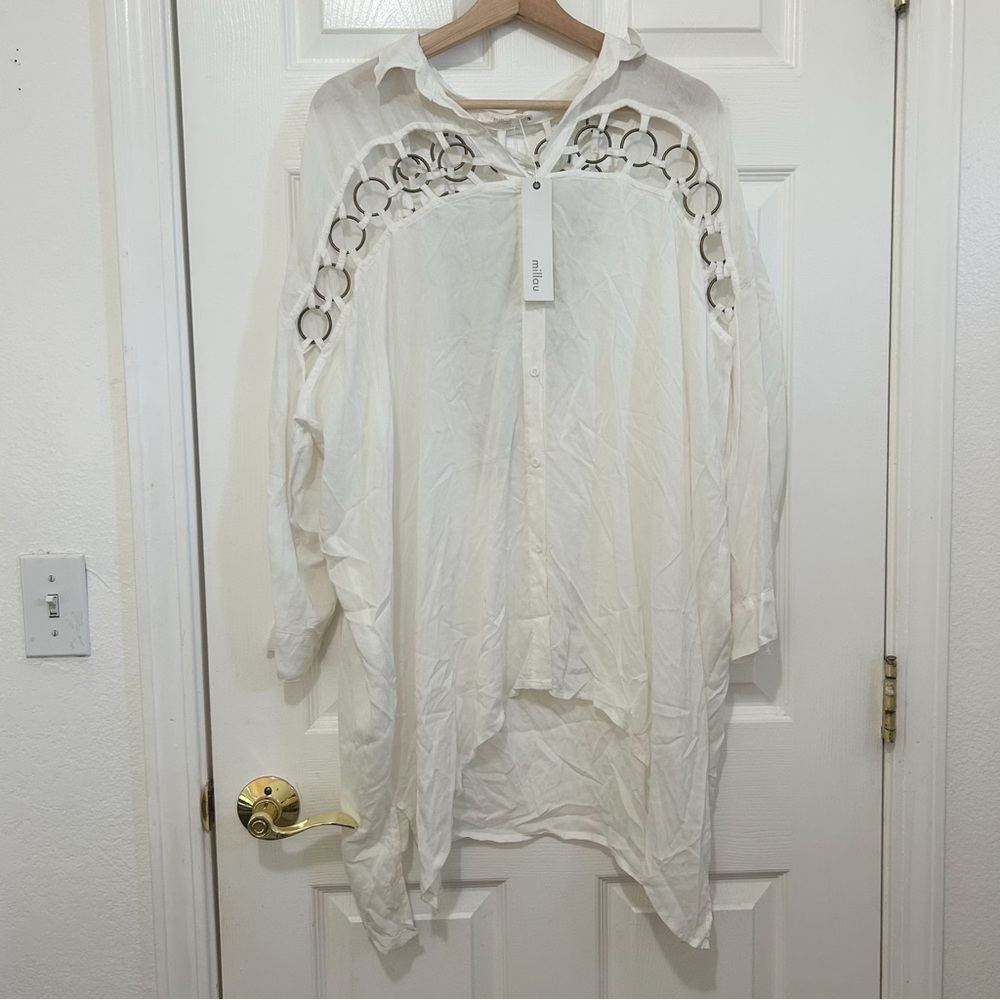 2/$30 MILLAU Small Ivory Cream Long Sleeve Chain Links Lagenlook Shirt